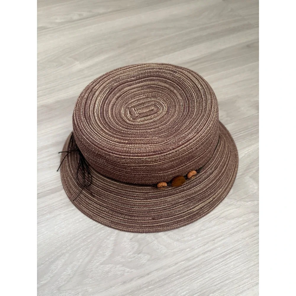 Croft & Barrow Hat Womens Brown Striped Woven Straw Sun Hat Wood Beads Cloche